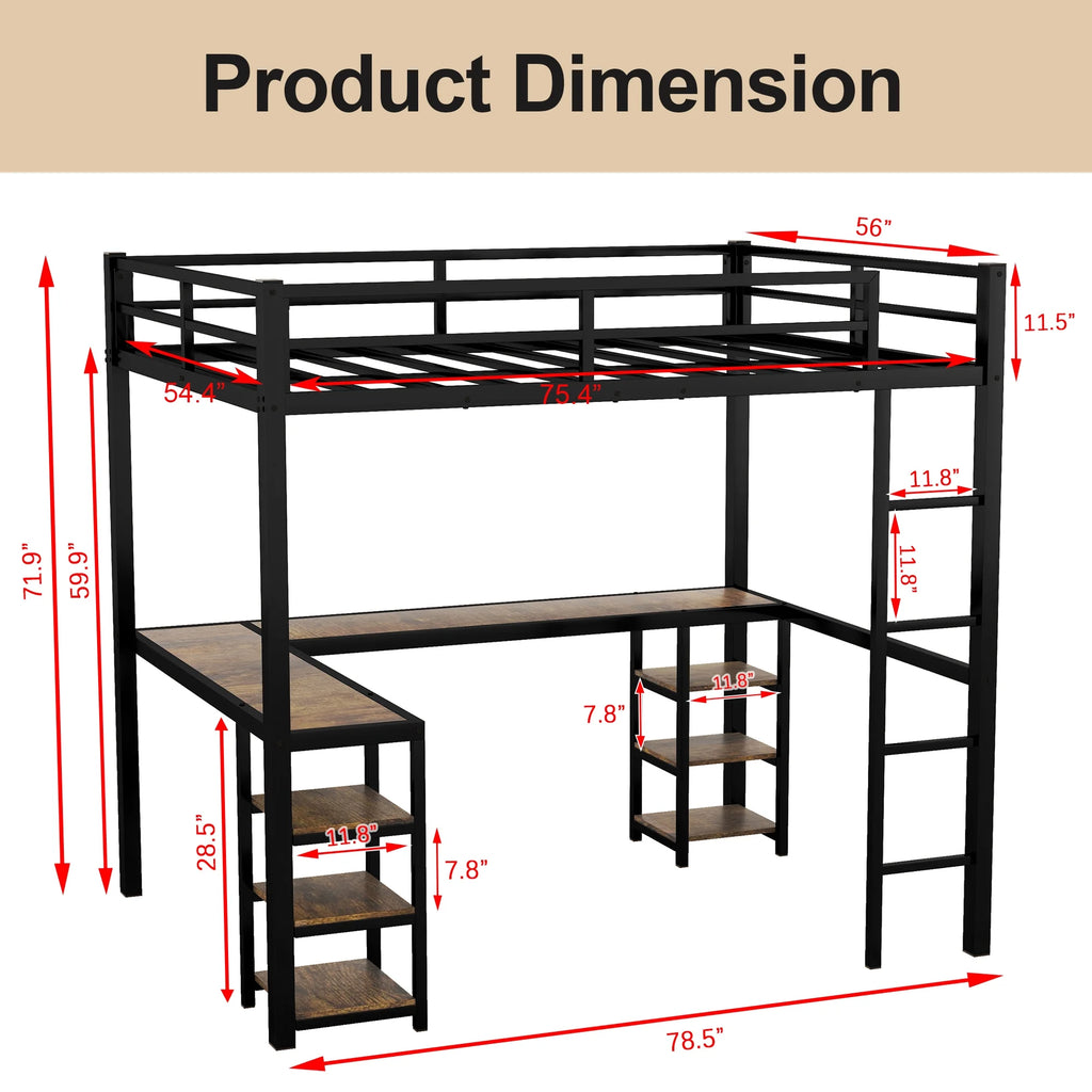 Full Size Black Metal Loft Bed with Desk and Shelves A60366