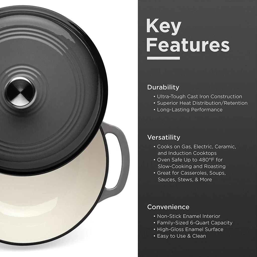 6qt Ceramic Non-Stick Enameled Cast Iron Dutch Oven with Side Handles, Gray F42209