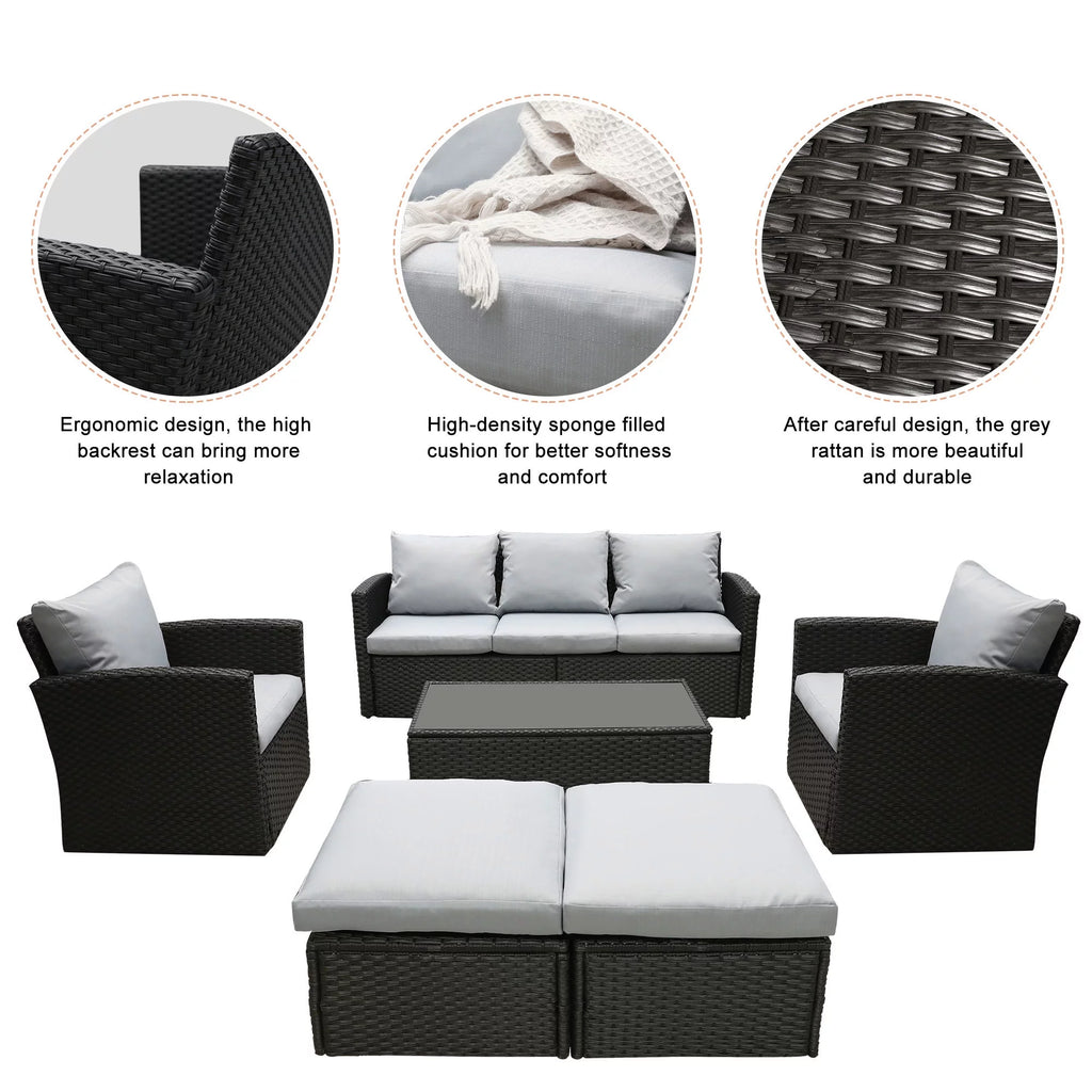8 Pcs Wicker Patio Furniture Set with Coffee Table and Ottomans O922975