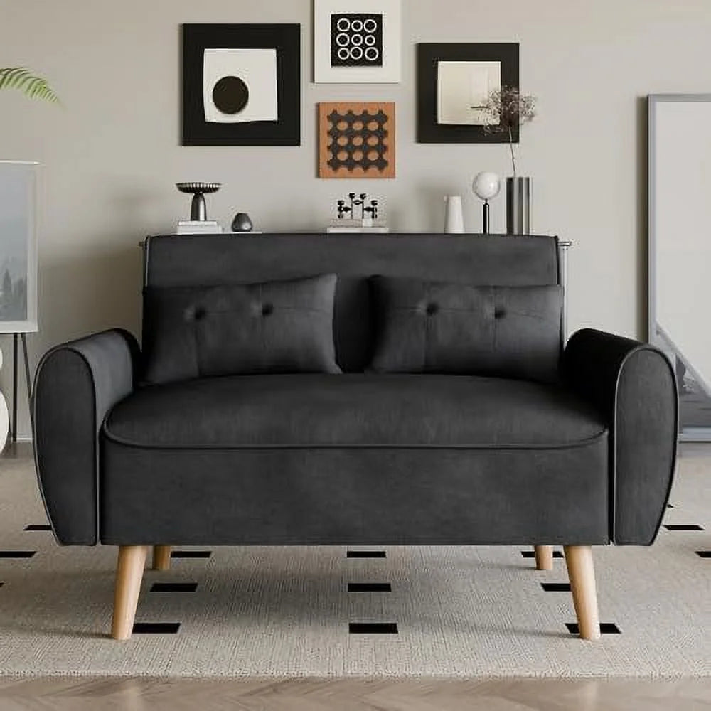 47" Linen Fabric Tufted Loveseat Sofa with Wood Legs S858