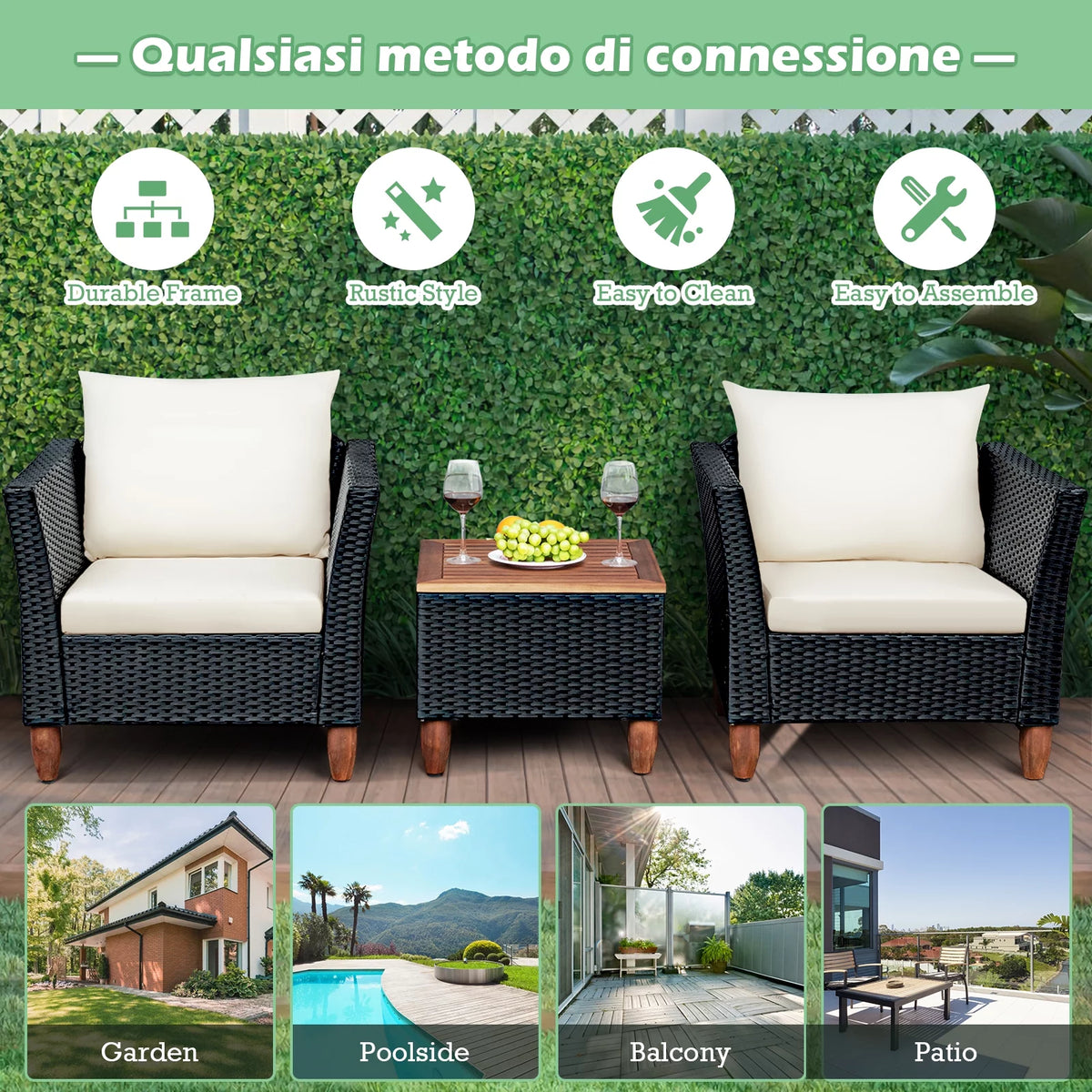 3-Piece Wicker Patio Furniture Set with Cushions & Coffee Table L4038