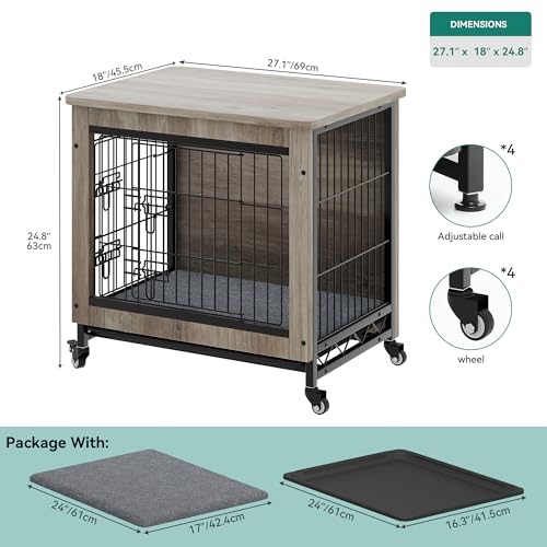 Gray Dog Crate Furniture with Cushion and Wheels B5595