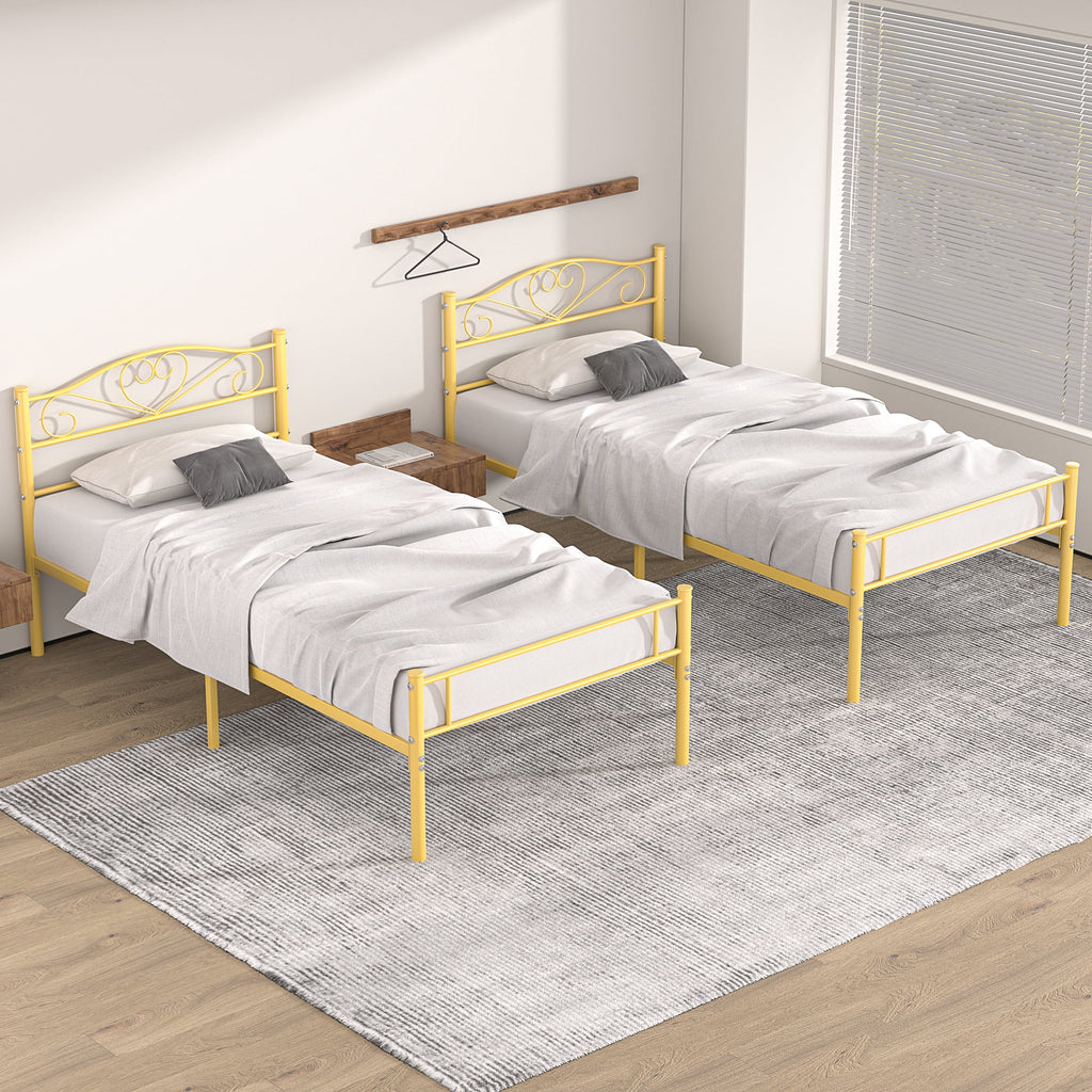 Set of 2 Twin Size White Metal Platform Bed Frame with Headboard W40442