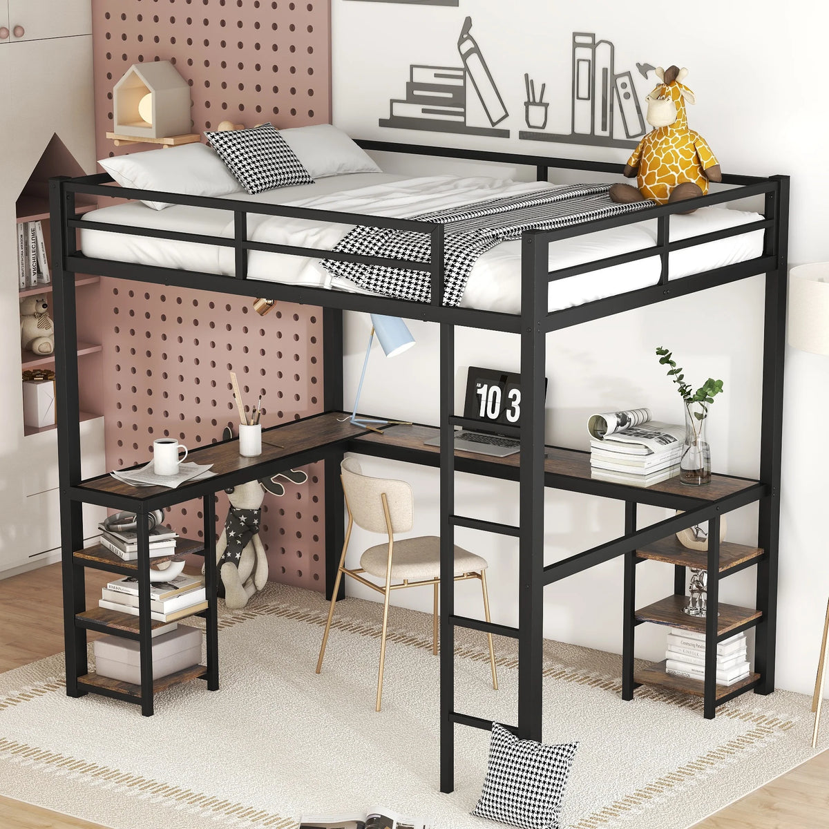 Full Size Black Metal Loft Bed with Desk and Shelves A60366