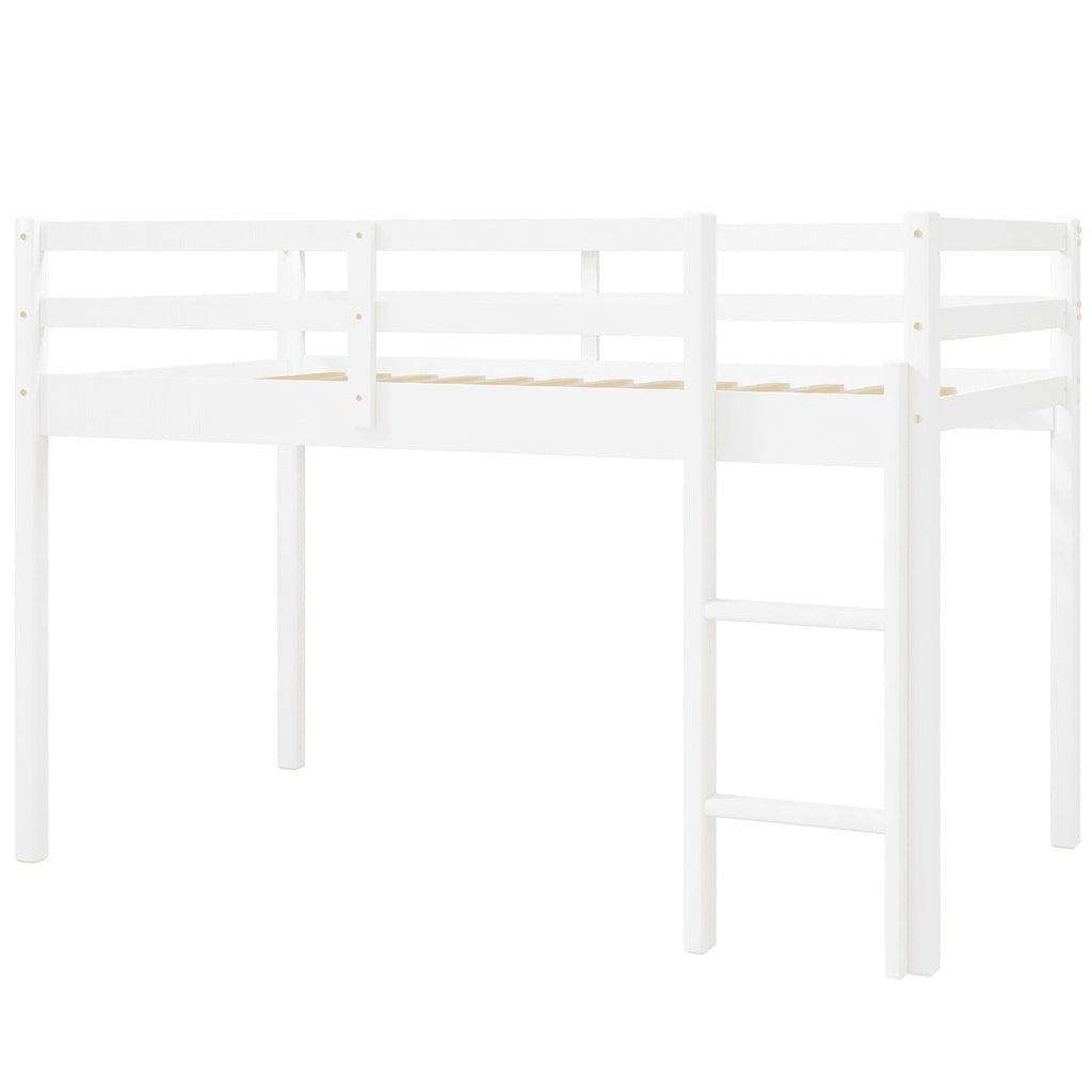 White Twin Size Solid Wood Loft Bed with 14 Wooden Slats I34135
