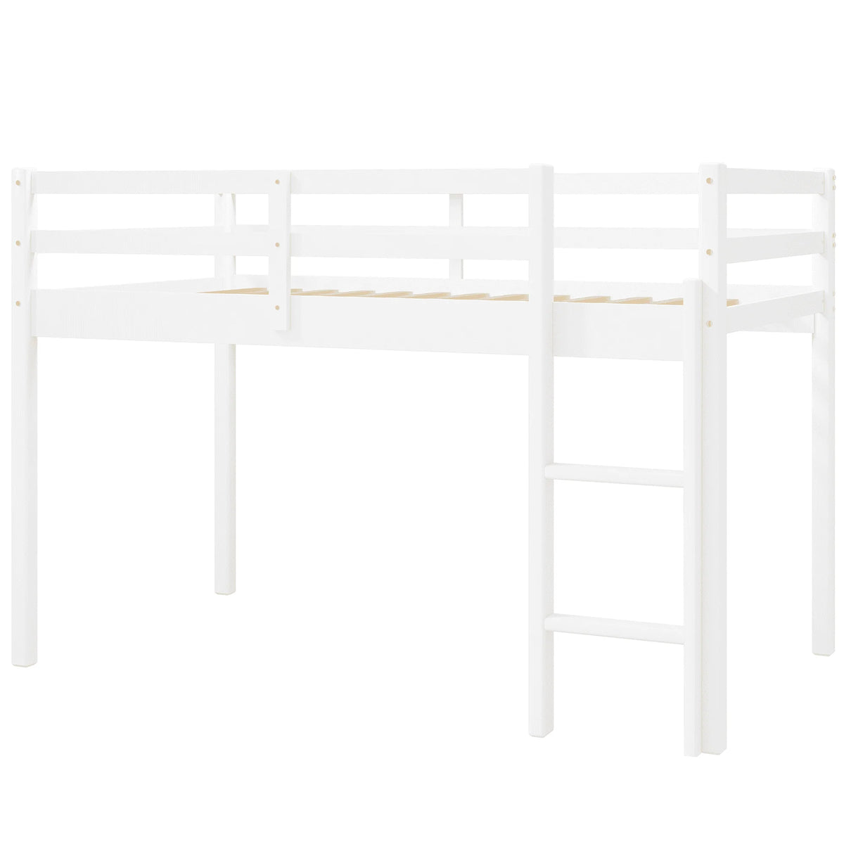 White Twin Size Solid Wood Loft Bed with 14 Wooden Slats I34135