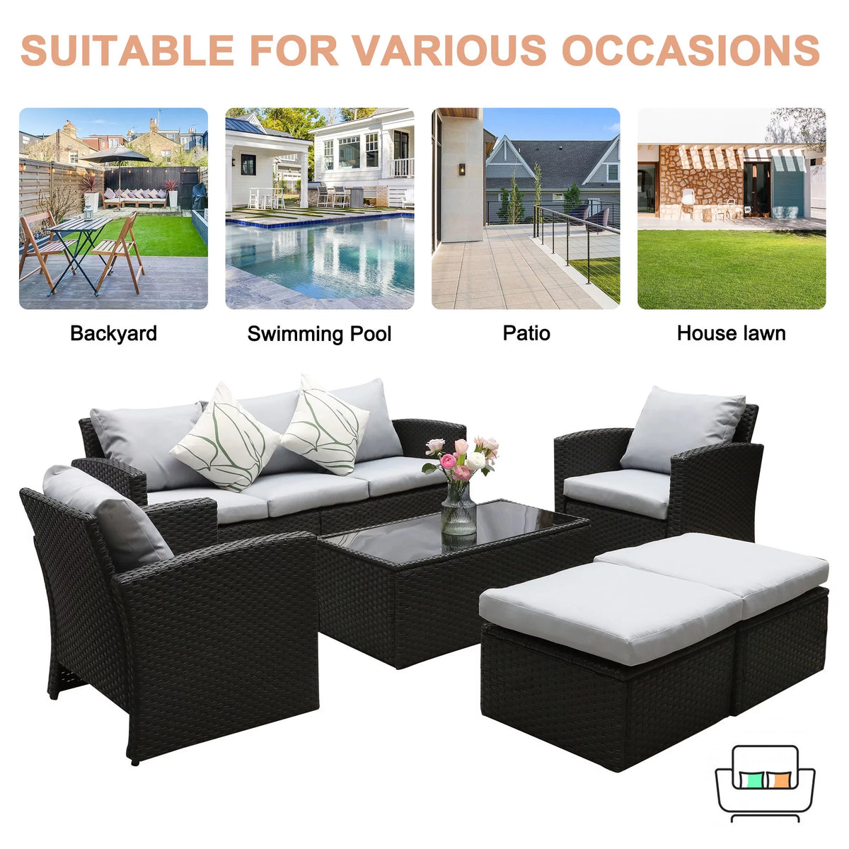 8 Pcs Wicker Patio Furniture Set with Coffee Table and Ottomans O922975