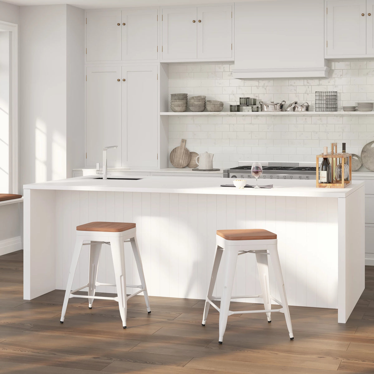 White Metal Counter Height Dining Stool with Wooden Seat K76150