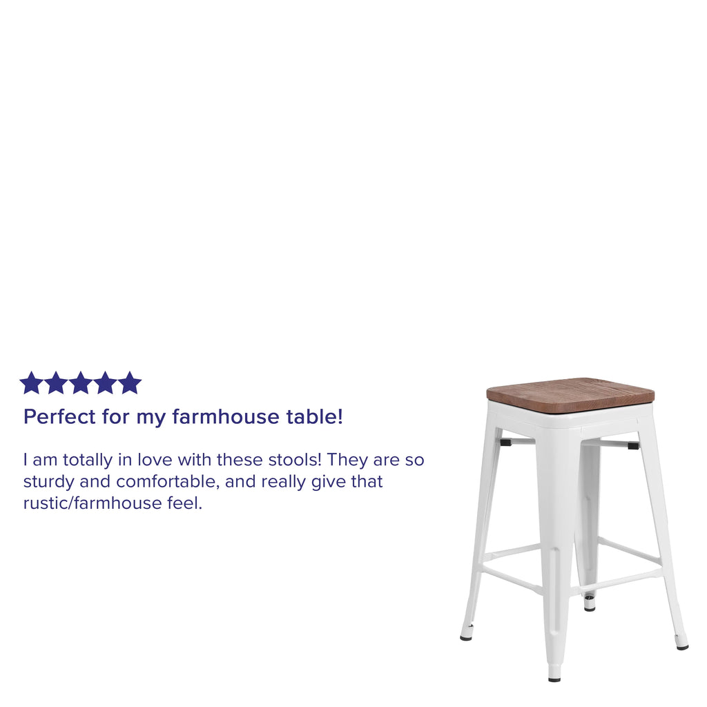 White Metal Counter Height Dining Stool with Wooden Seat K76150