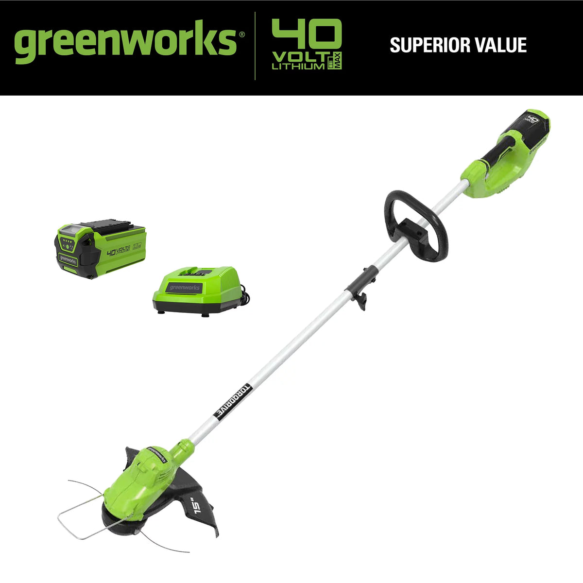 40V 15 Straight Shaft String Trimmer with 2.5 Ah Battery and Charger R424