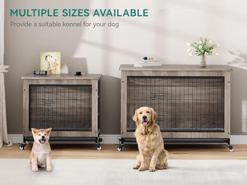 Gray Dog Crate Furniture with Cushion and Wheels B5595