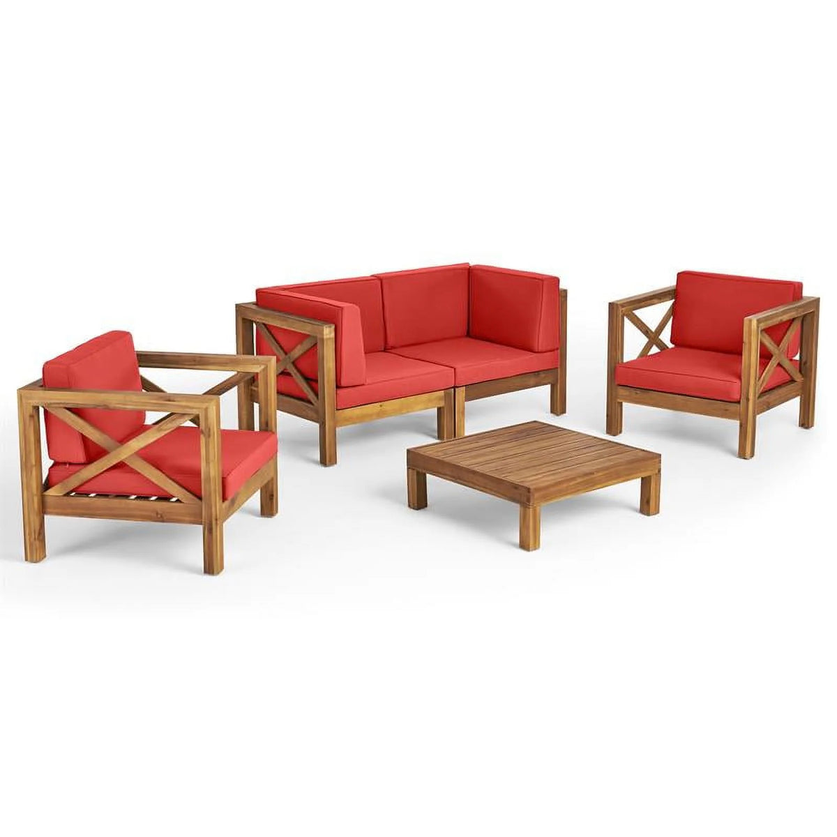 Teak & Red 4 Seater Outdoor Loveseat Chat Set W43867