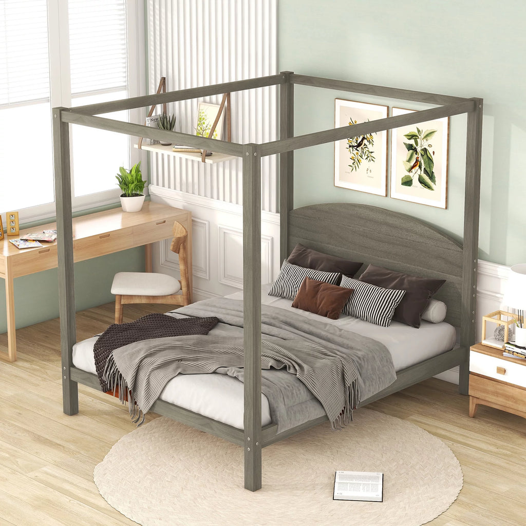 Wood Queen Size Canopy Bed with Headboard T50108