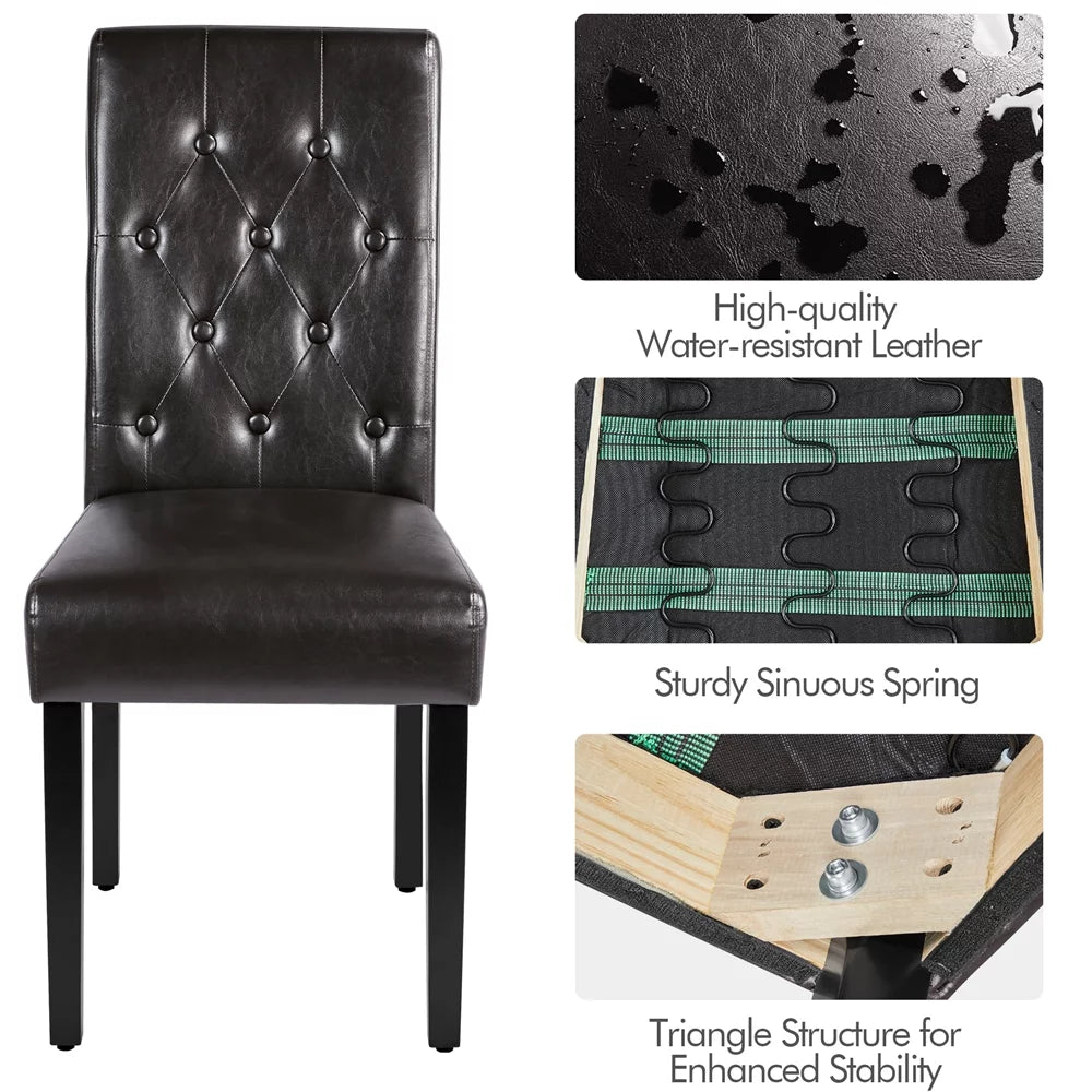 2pcs Tufted Padded Faux Leather Dining Chair with Solid Wood Legs, Brown J96946