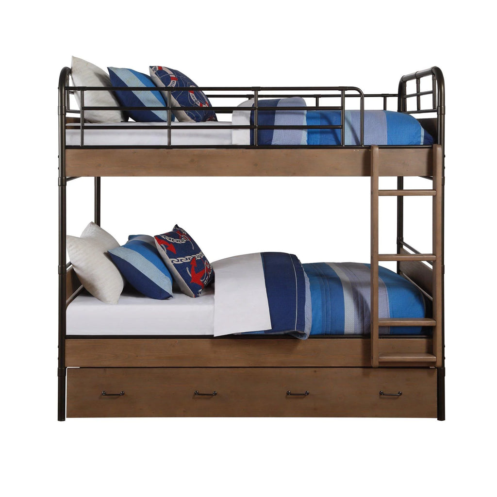 Antique Oak & Gunmetal Twin Bunk Bed & Trundle L94343