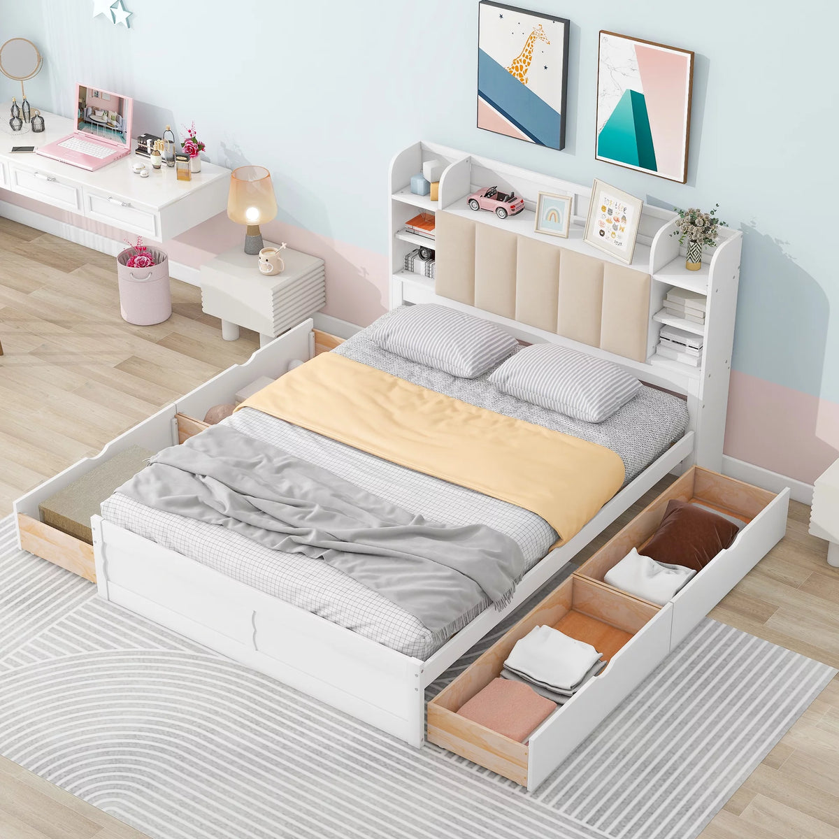 White Wood Queen Size Platform Bed with Storage Headboard and Four Drawers O70430