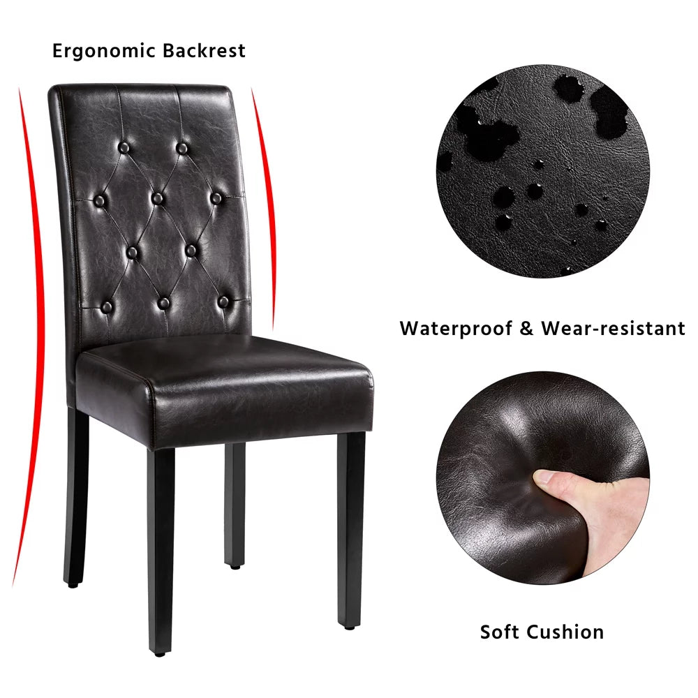 2pcs Tufted Padded Faux Leather Dining Chair with Solid Wood Legs, Brown J96946
