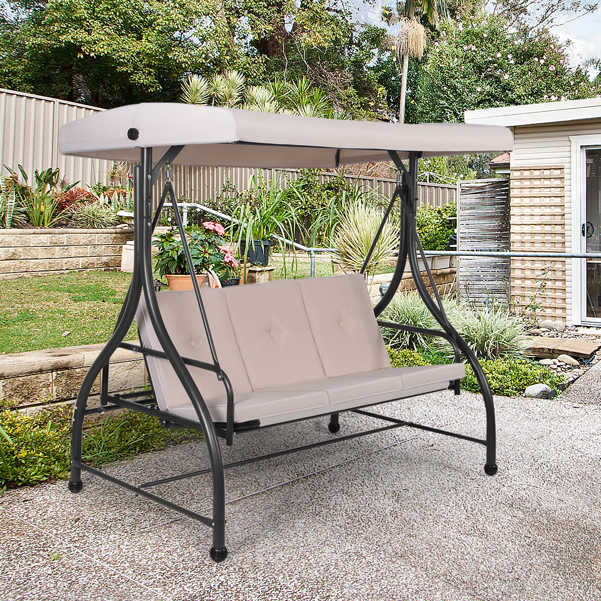 Converting Outdoor Swing Canopy Hammock 3 Seats Beige X129