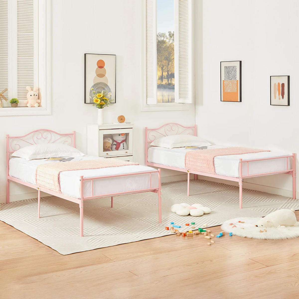 Set of 2 Twin Size White Metal Platform Bed Frame with Headboard W40442
