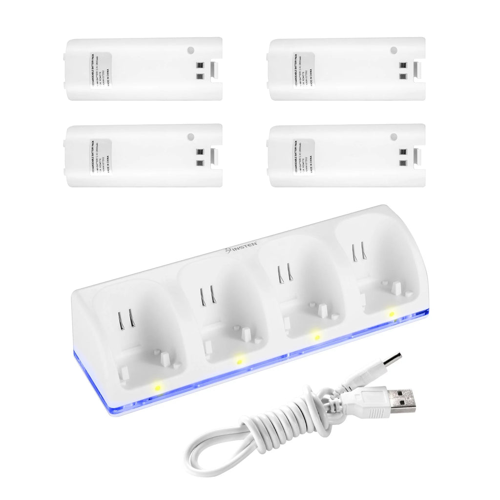 White Wii U Quad Remote Controller Charger Dock Station with 4x Rechargeable Battery Pack X57834