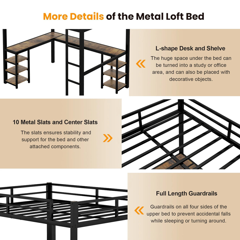 Full Size Black Metal Loft Bed with Desk and Shelves A60366