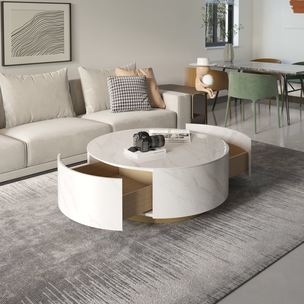White Round Coffee Table with Two Drawers S24585
