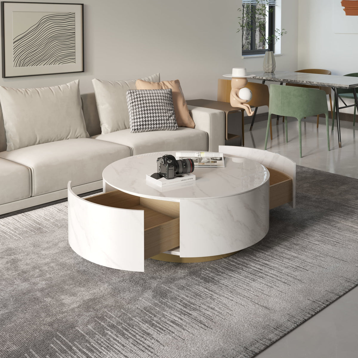 White Round Coffee Table with Two Drawers S24585