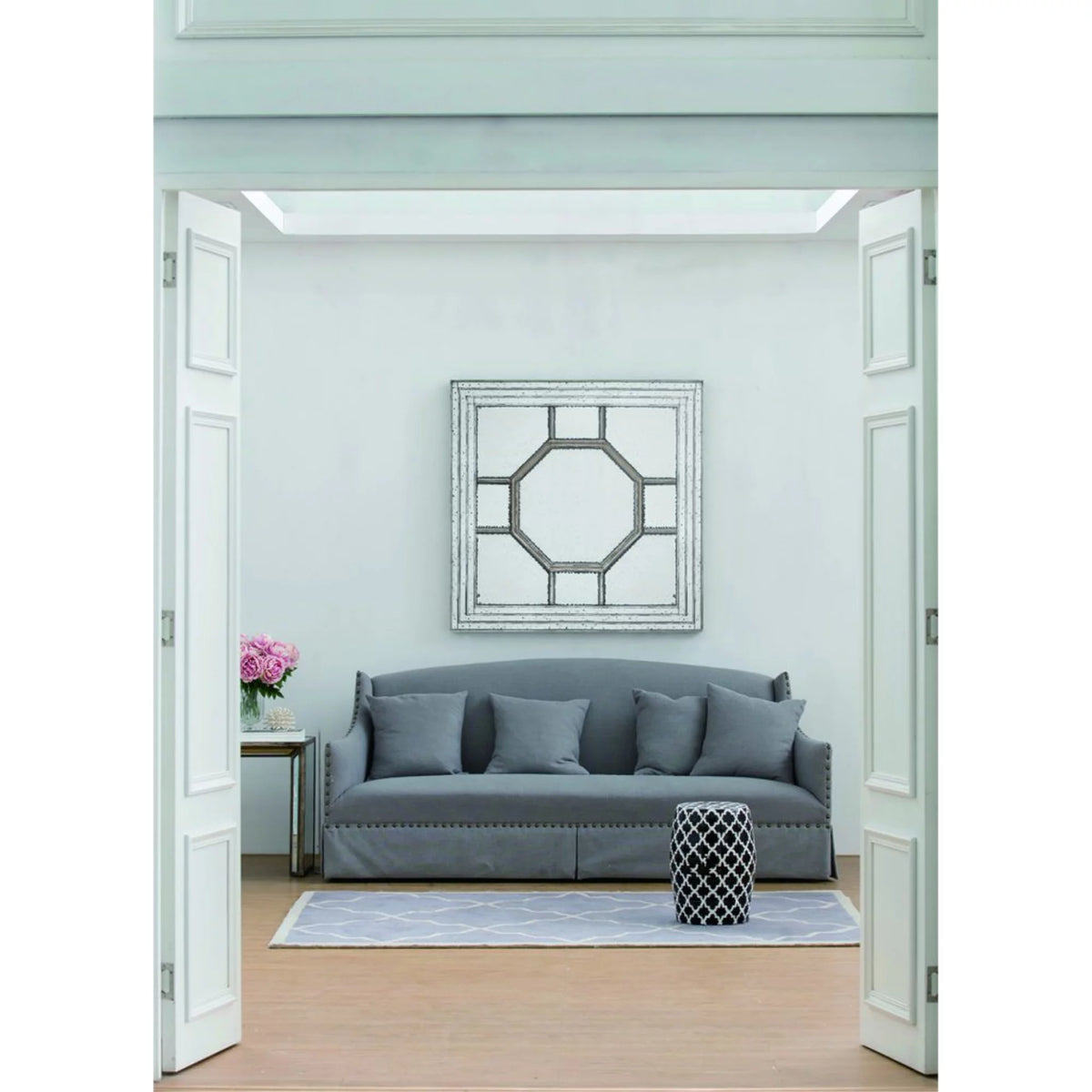 Gray Polyester Upholstered Wooden Sofa with Nailhead Trim B29823