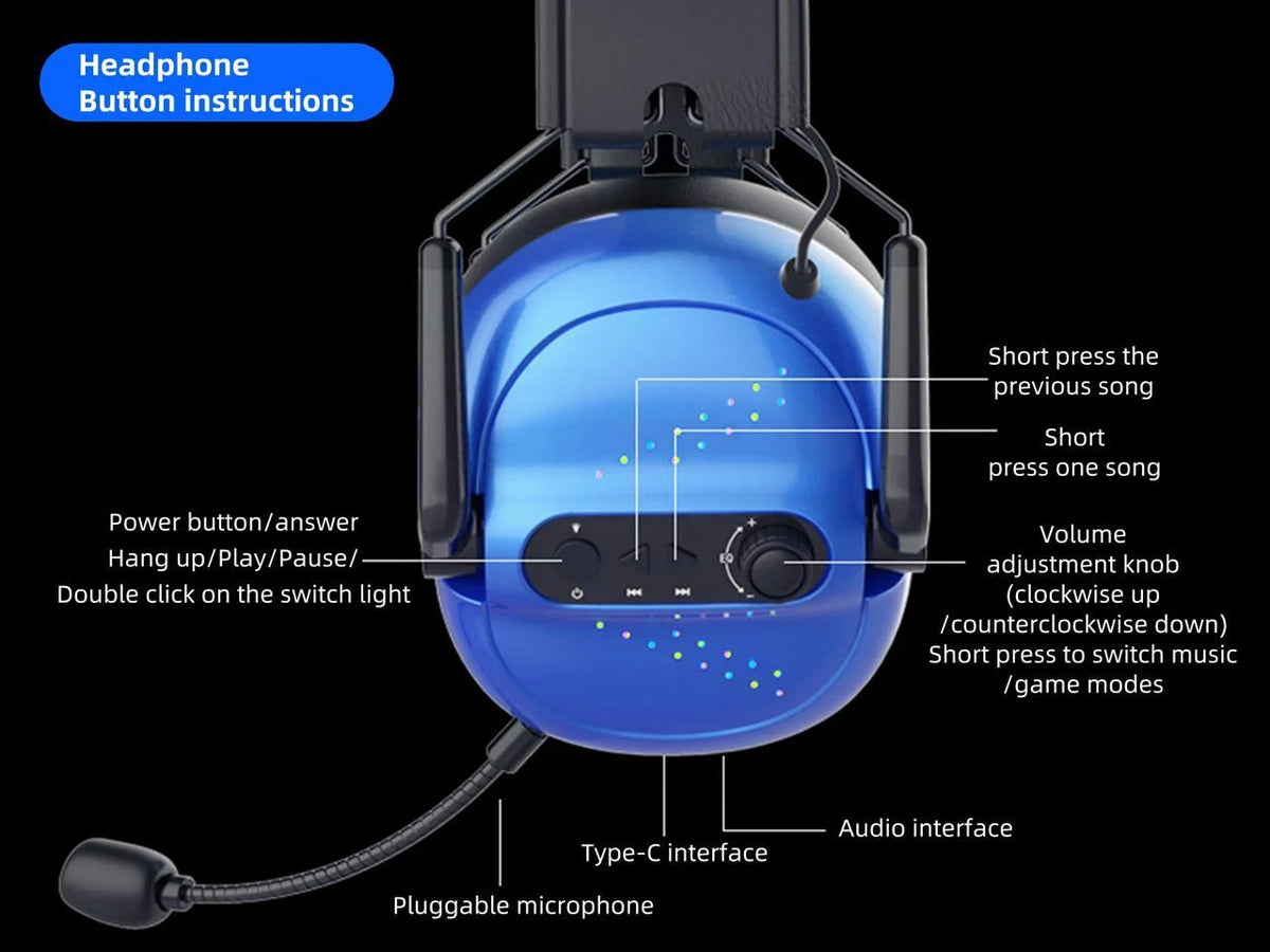 Wireless Bluetooth Headset Stereo 2.4G Game Headphones RGB Blue Y61112