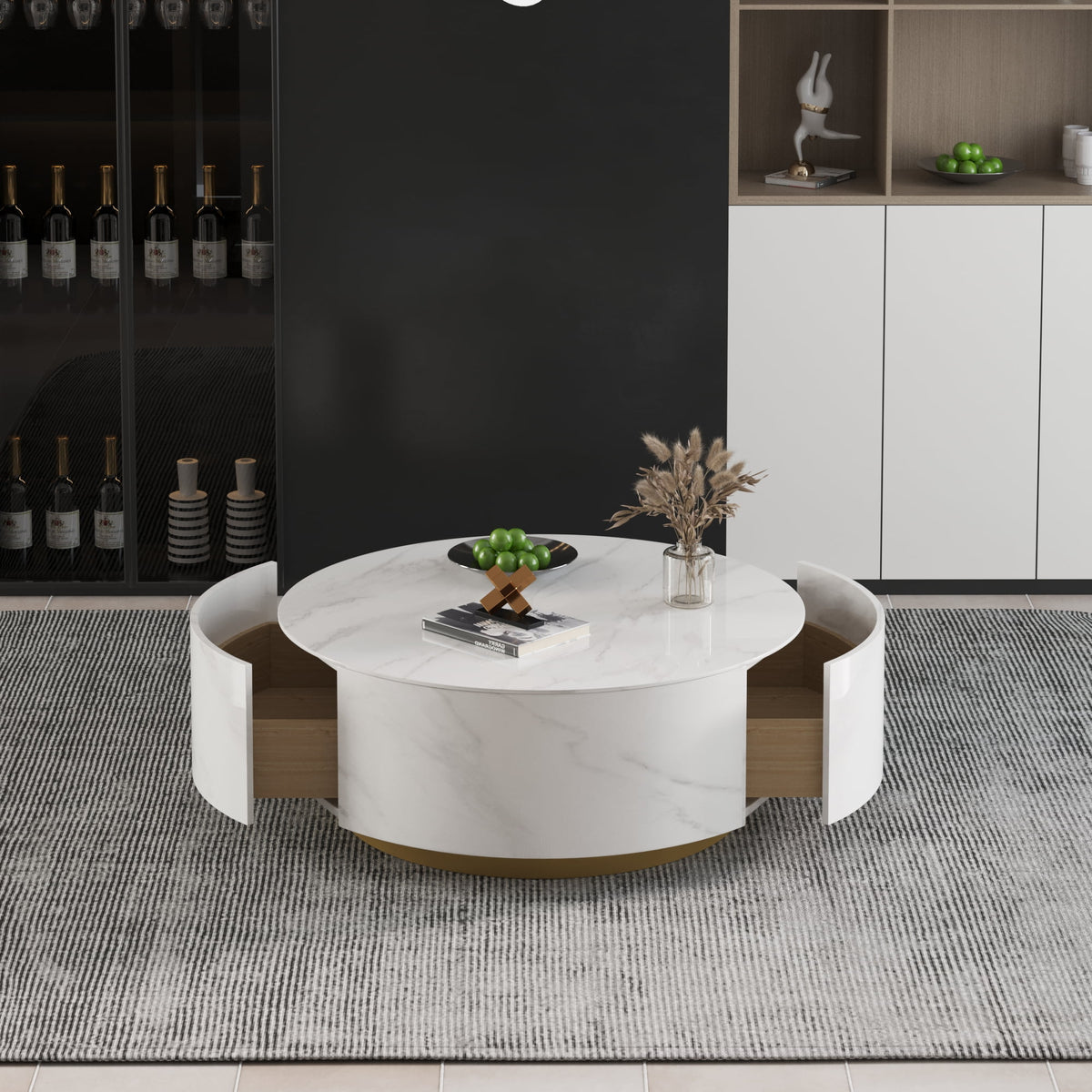 White Round Coffee Table with Two Drawers S24585