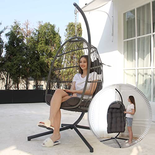 Egg Chair with Cushions, 350lbs Capacity Wicker Hanging Chair, Gray H54434