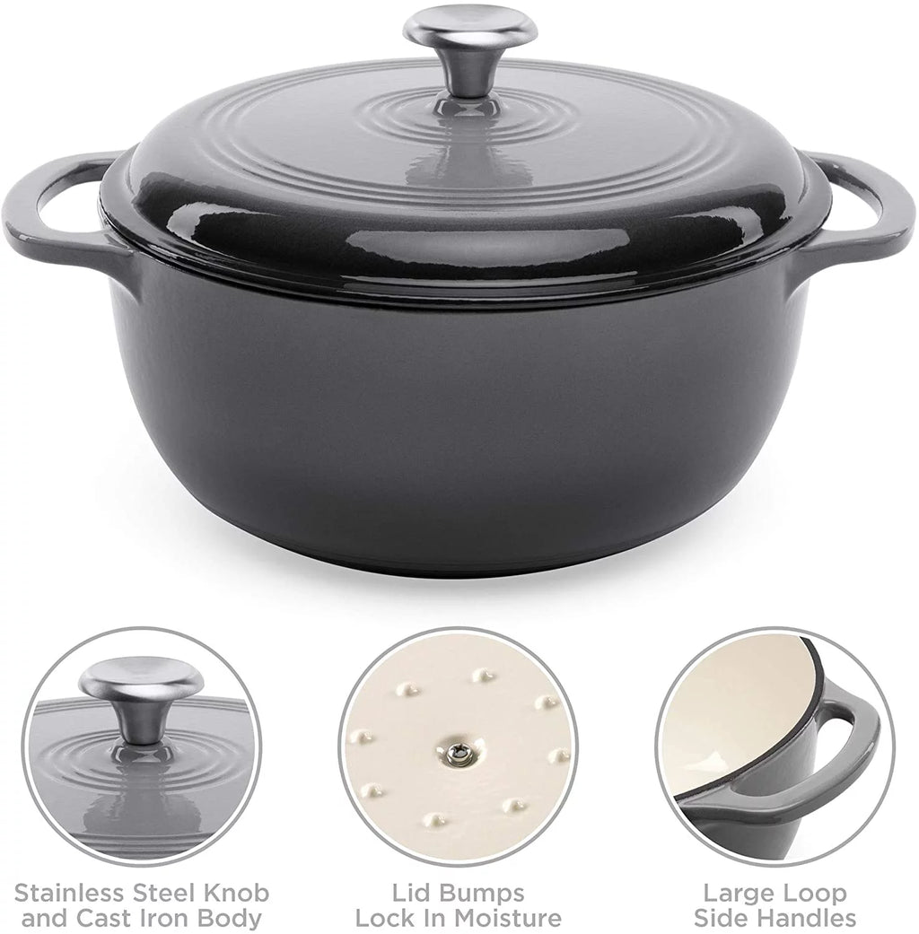 6qt Ceramic Non-Stick Enameled Cast Iron Dutch Oven with Side Handles, Gray F42209
