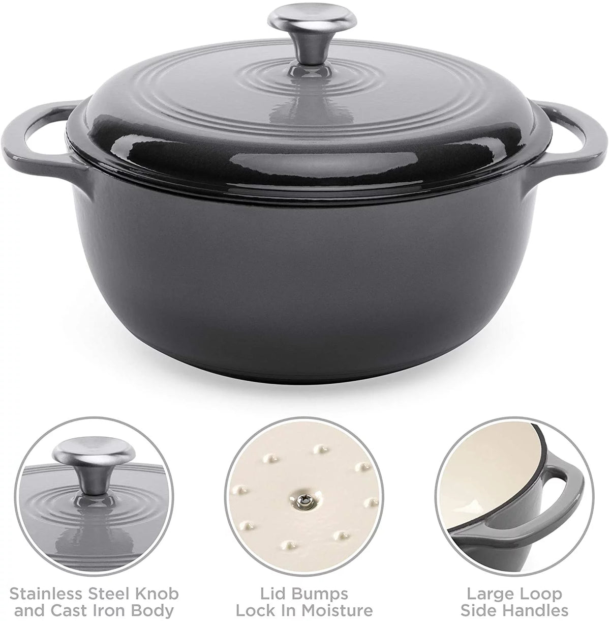 6qt Ceramic Non-Stick Enameled Cast Iron Dutch Oven with Side Handles, Gray F42209