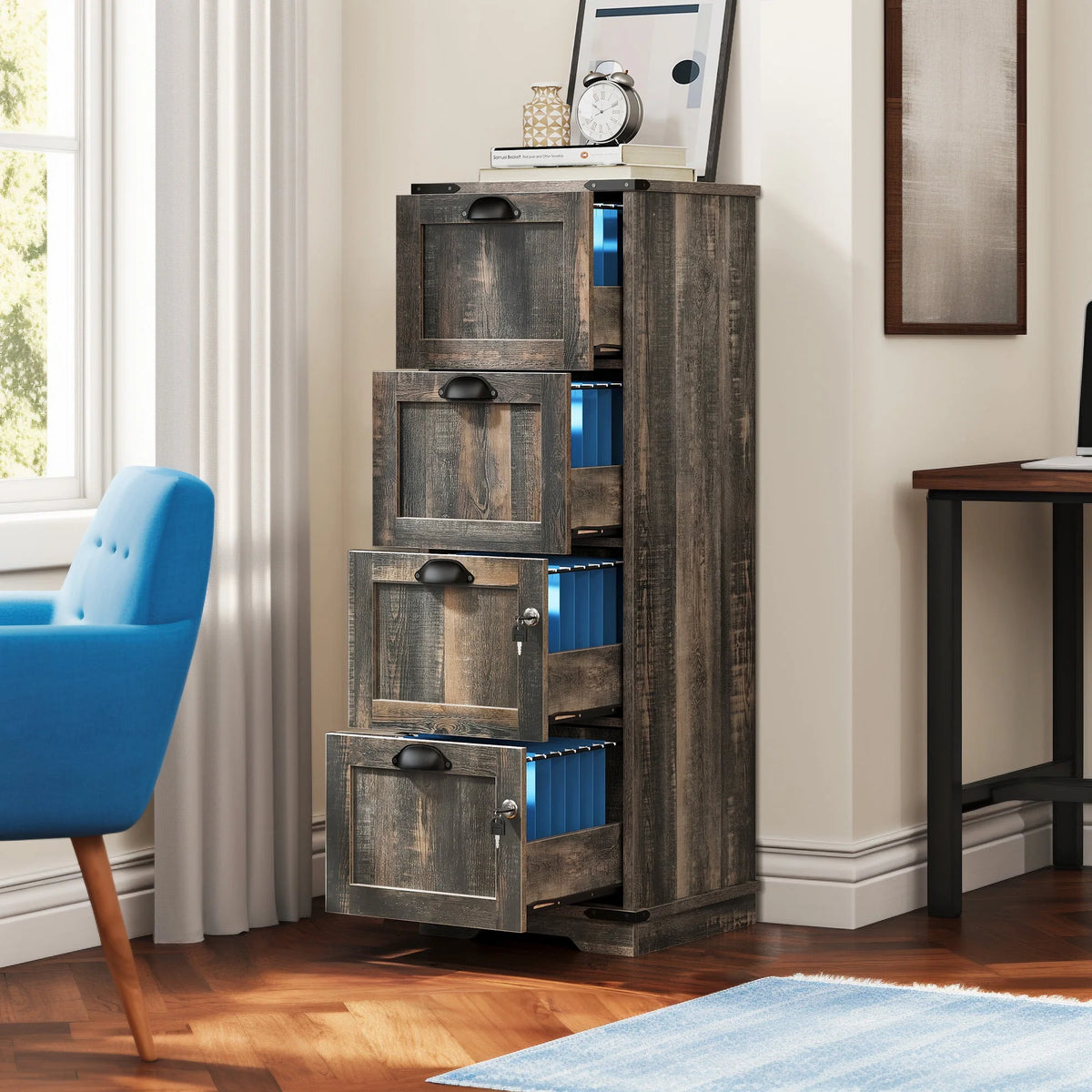4 Drawer White Wood File Cabinet with Lock J9499