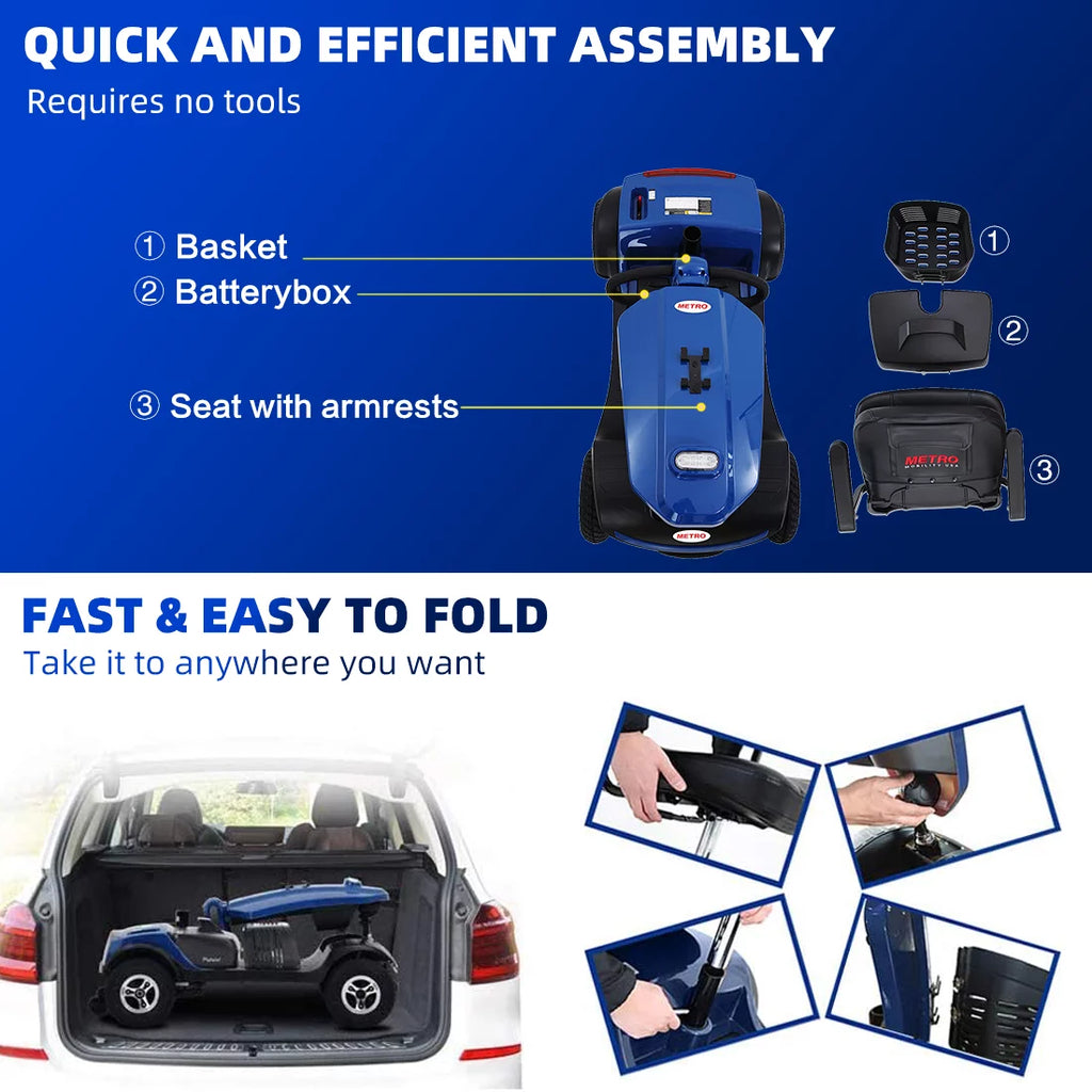 Blue 4 Wheels Folding Mobility Scooter with USB Charging Port V7625