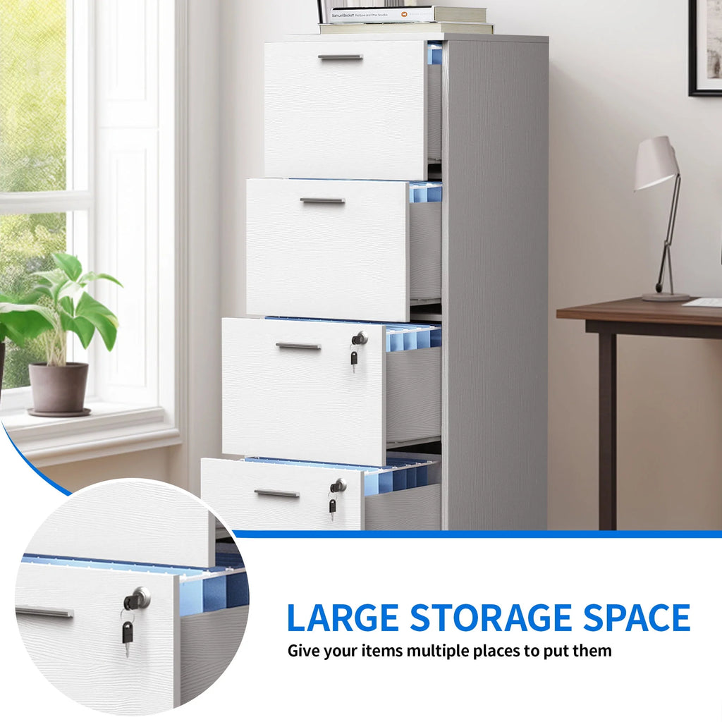 4 Drawer White Wood File Cabinet with Lock J9499