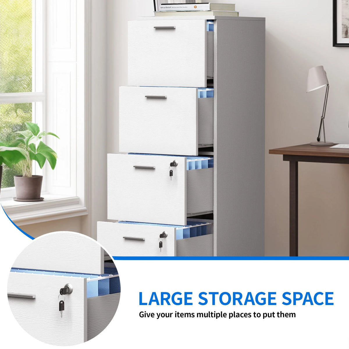 4 Drawer White Wood File Cabinet with Lock J9499