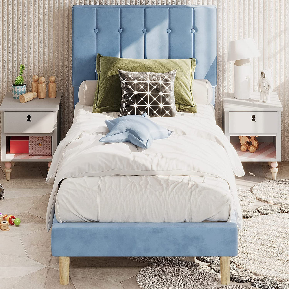 Light Blue Velvet Upholstered Twin Platform Bed Frame T605085