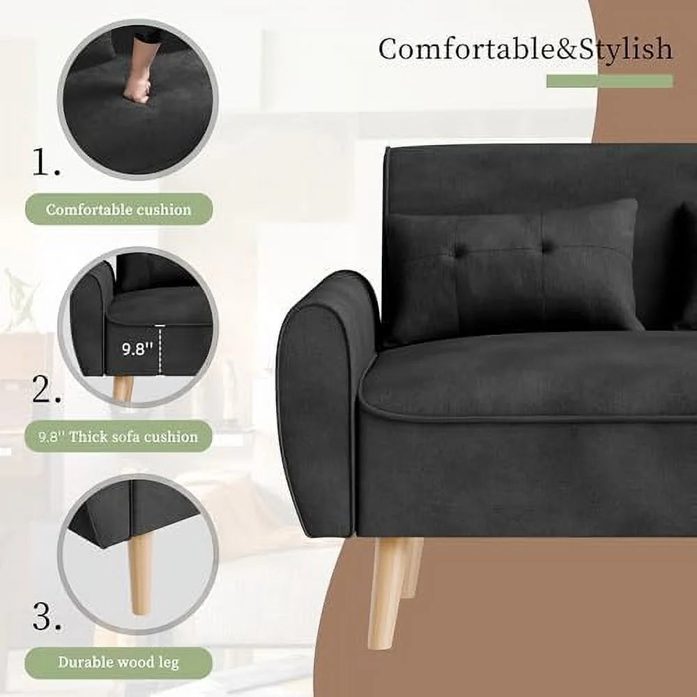 47" Linen Fabric Tufted Loveseat Sofa with Wood Legs S858