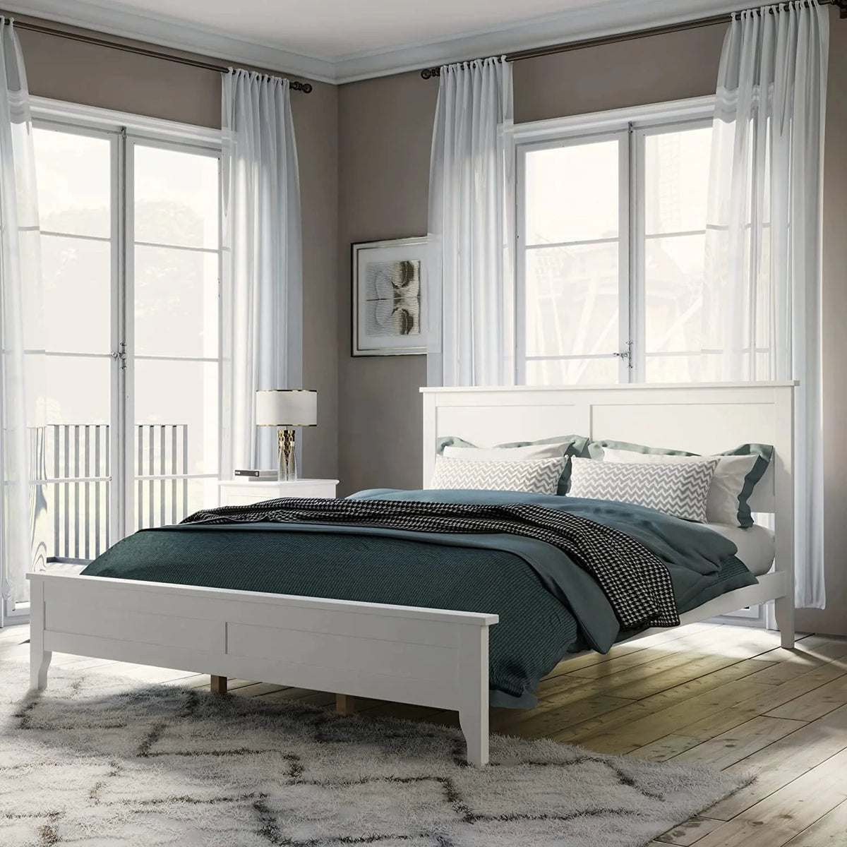 White Queen Size Platform Bed with Headboard D54255