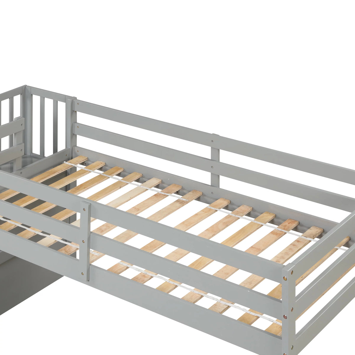 Gray Wood Low Loft Bed Frame with Storage and Stairs U876382