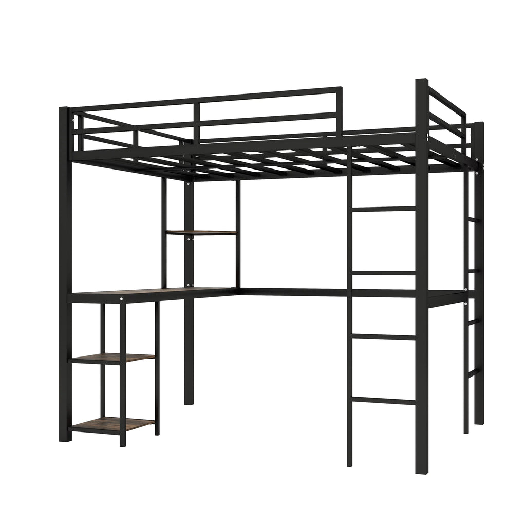 Full Size Black Metal Loft Bed with Desk and Shelves A60366