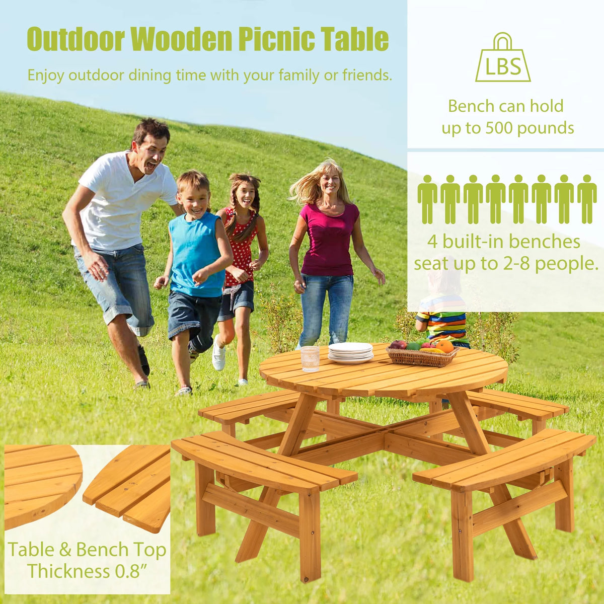 8-Person Wooden Picnic Table with 4 Built-in Benches Z36038