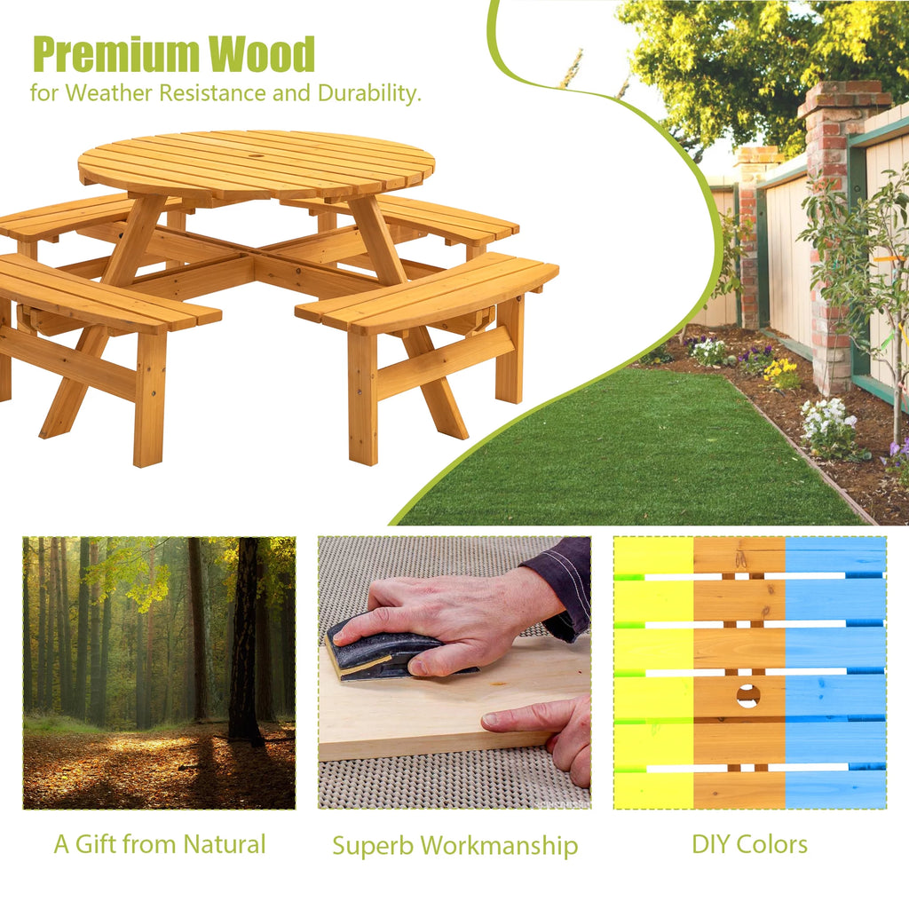 8-Person Wooden Picnic Table with 4 Built-in Benches Z36038