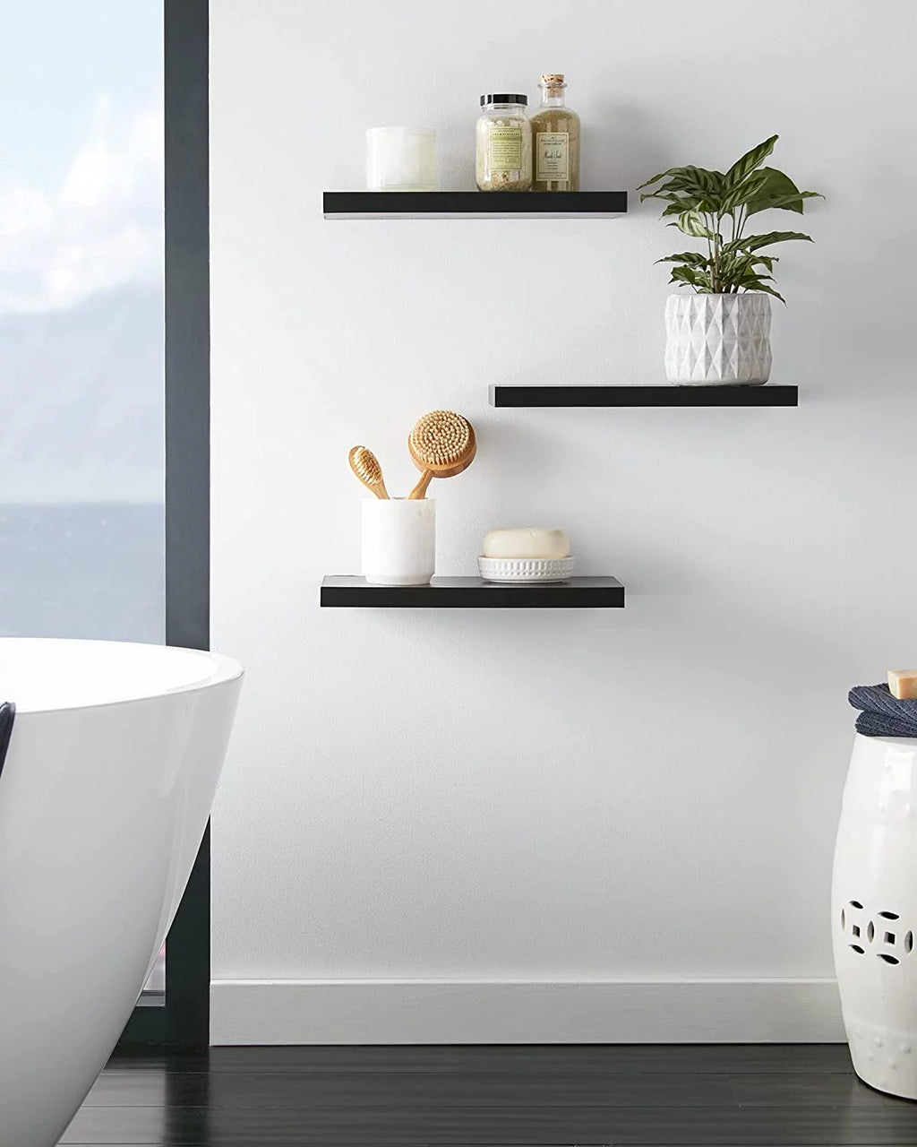 16 inch Black Wood Floating Shelves Set of 3 A41966