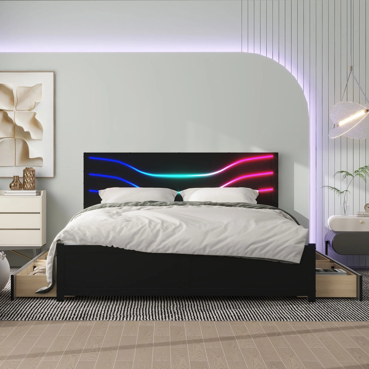 Queen Size Platform Bed with LED Light and 4 Storage Drawers L9191