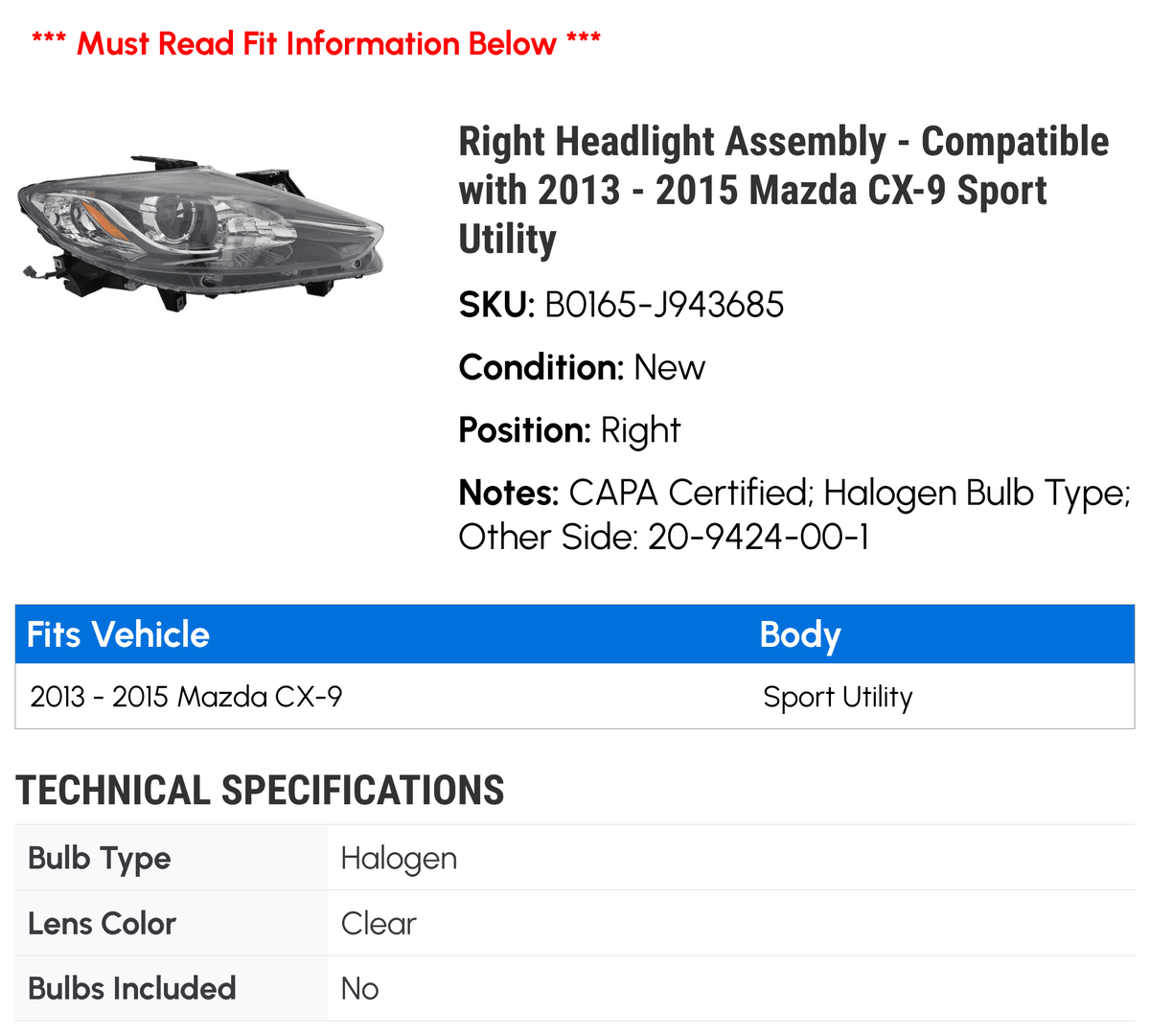 Right Headlight Assembly T6565