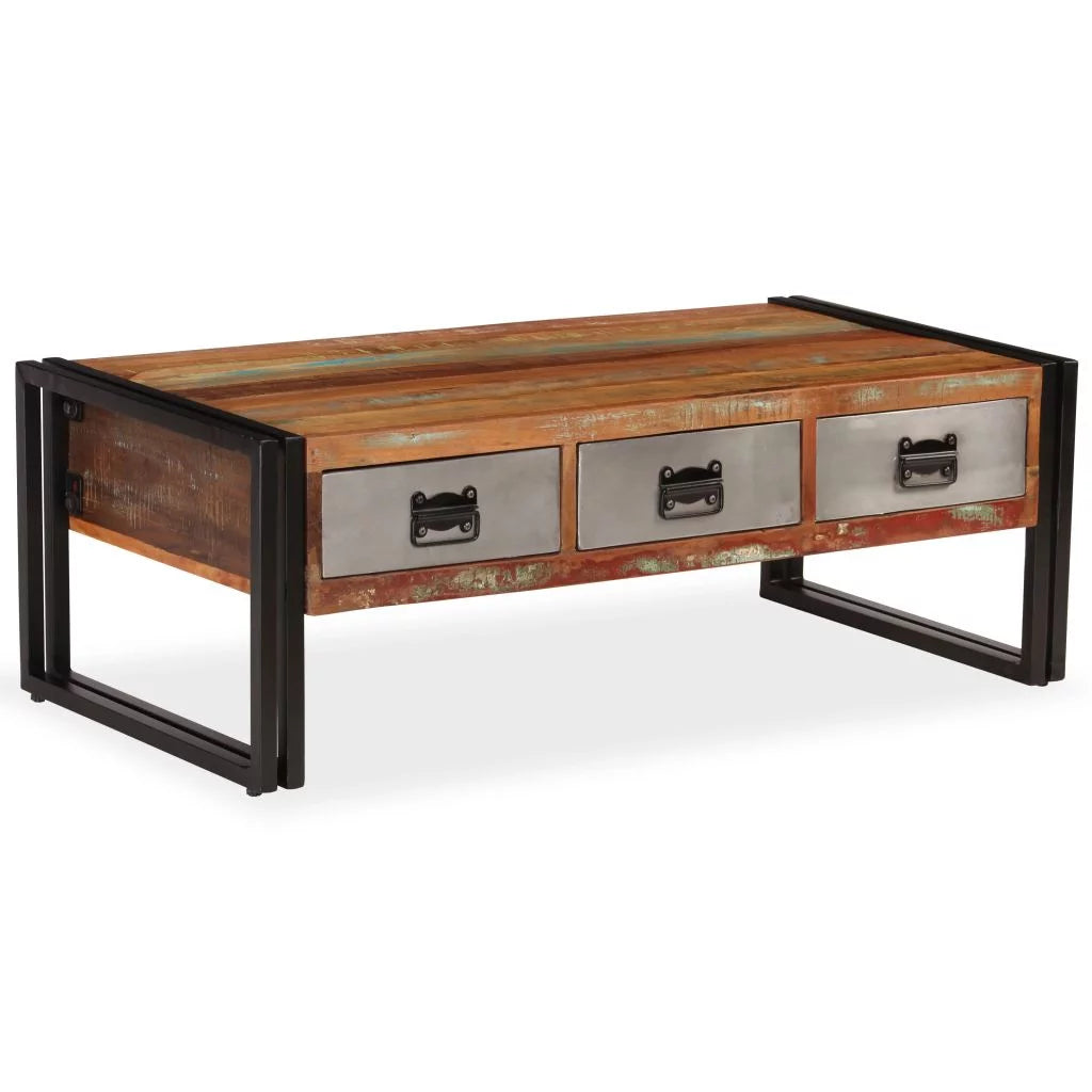 Coffee Table with 3 Storage Drawers Reclaimed Wood Steel Legs O329