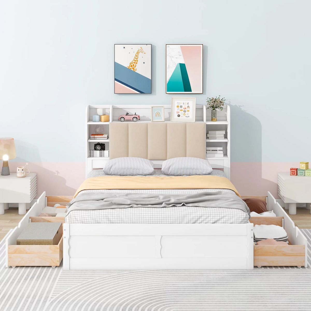 White Wood Queen Size Platform Bed with Storage Headboard and Four Drawers O70430