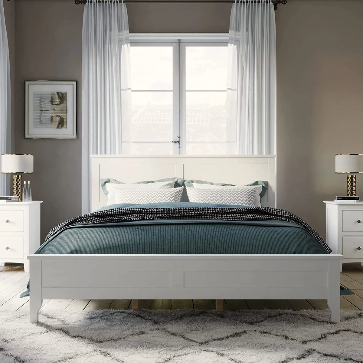 White Queen Size Platform Bed with Headboard D54255